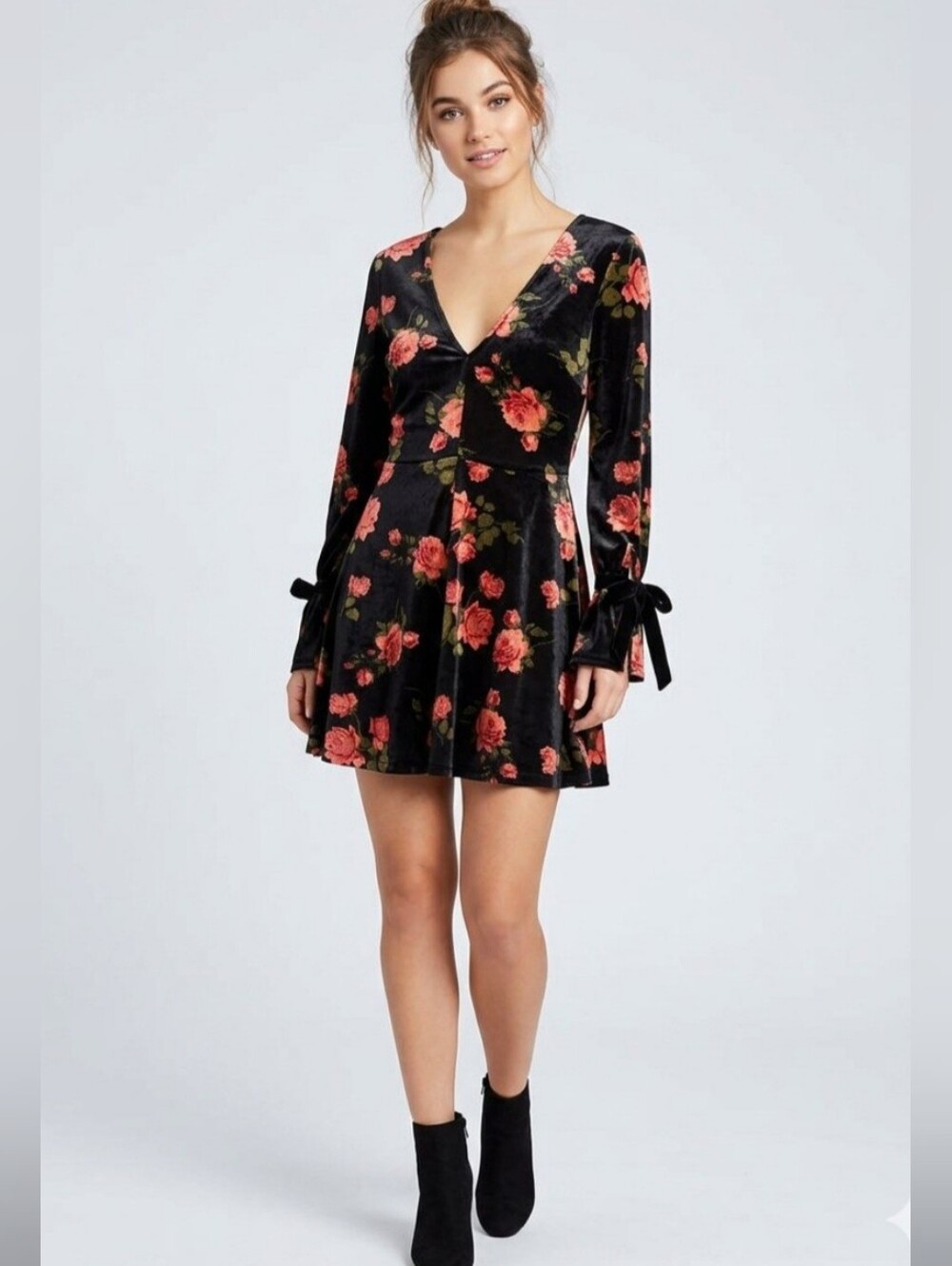 Black Velvet Rose Print Mini Dress NWT Xhilaration- S Whimsigoth Gothic Romance